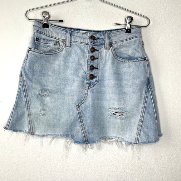 We The Free A-line Distressed Denim Blue Button Fly Mini Skirt - Picture 1 of 12